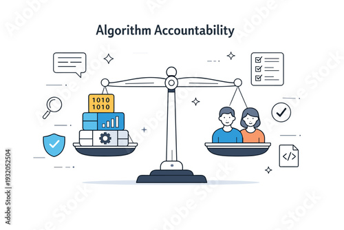 Algorithm accountability. Abstract scene showing a balance scale made of data blocks and human icons, symbolizing fairness and responsibility. Quiet,