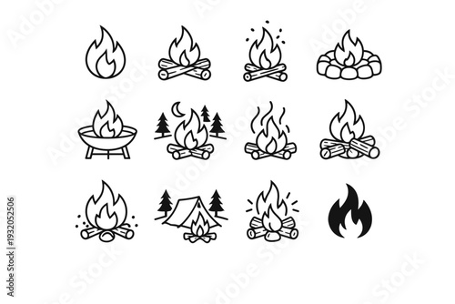 Campfire. Line icon set of Campfire: campfire flames, firewood logs, sparks rising, stone fire ring, outdoor fire pit, night campfire, warmth waves, burning