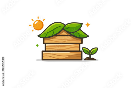 Green architecture concept focused on renewable and natural building resources A simplified house silhouette built from layered wood panels and topped with a