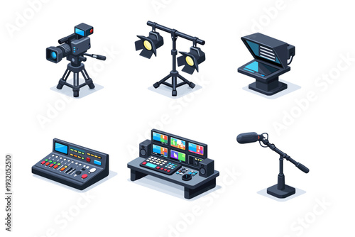 BroadcastStudio. Isometric flat vector icons set of BroadcastStudio: TV studio camera, studio lighting rig, teleprompter screen, sound mixing console, director