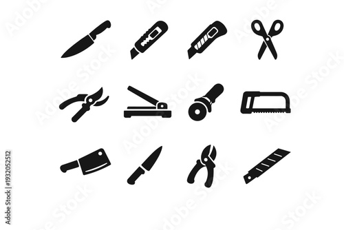 Cutting Tools. Solid icon set of Cutting Tools: chef knife, utility knife, box cutter, scissors, pruning shears, paper cutter, rotary blade, hacksaw, cleaver,