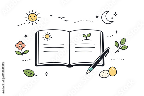 Spring equinox journaling ritual. A calm editorial scene with an open journal, pen, and small spring symbols like leaves and sun icons, arranged neatly on a