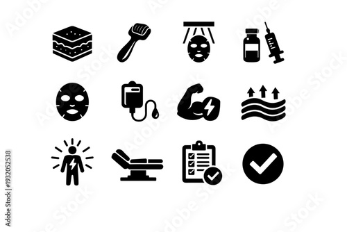 Rejuvenation Treatments. Solid icon set of Rejuvenation Treatments: skin rejuvenation layers, microneedle roller, light therapy rays, plasma therapy vial,