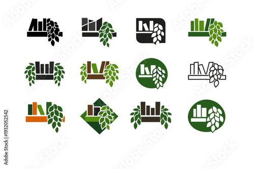 Decorating a bookshelf with plants. Icon set. Set Logo of decorating a bookshelf with plants: cascading vine plant. harmonious logo variations of the same