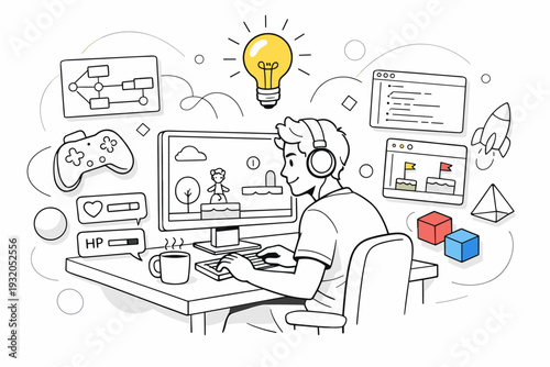 Game Development. A focused developer sits at a desk with a large monitor showing a simple game scene, floating UI panels and code snippets around. A game
