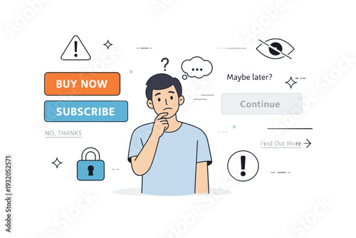 Dark patterns in UX. A user hesitating in front of a confusing interface with oversized buttons and hidden options, showing subtle manipulation and loss of