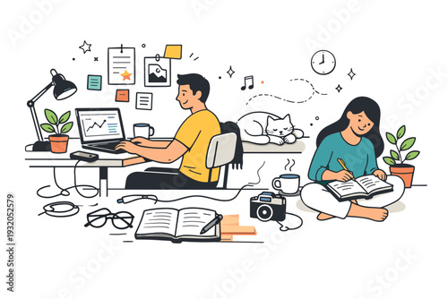 Lived-in spaces realism. Home workspace blending into personal space, with plants, notes, cables, and a half-finished notebook. Natural overlap of work and