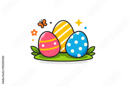 Decorated Easter eggs presented as a small visual badge of seasonal joy, evoking happiness, optimism, and the arrival of spring celebrations. Minimalist flat