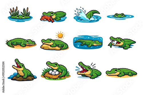 Crocodile Behavior. Colorful isometric vector icons set of crocodile behavior: ambush hunting, crocodile bite, tail splash, floating eyes, stealth movement,