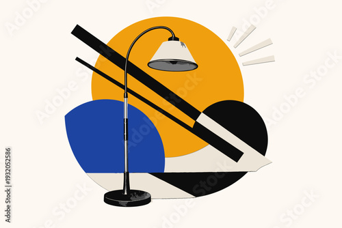 Vintage black and white floor lamp with curved metal stand as focal point, oversized abstract sun-like circle in mustard behind it, geometric lines and