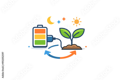 Energy management concept represented by a growing plant connected to a battery symbol suggesting renewal through rest and nourishment. The scene reflects
