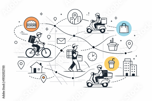 Urban delivery network. An abstract editorial scene showing multiple couriers, locations, and food icons connected across a city map. The feeling is organized
