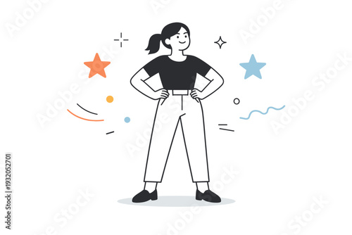 Girls power concept. A confident editorial scene with a girl standing strong, hands on hips, surrounded by simple stars and abstract shapes. Confidence,