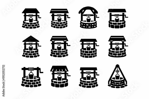 Traditional Well. Solid icon set of Traditional Well: village well, brick well, arched well roof, wooden beam, iron crank, hanging bucket, cobblestone base,