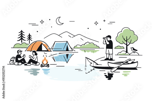 Camping with tents near water. A calm outdoor scene shows tents set up close to a lake or river, with still water reflecting the surroundings and a relaxed