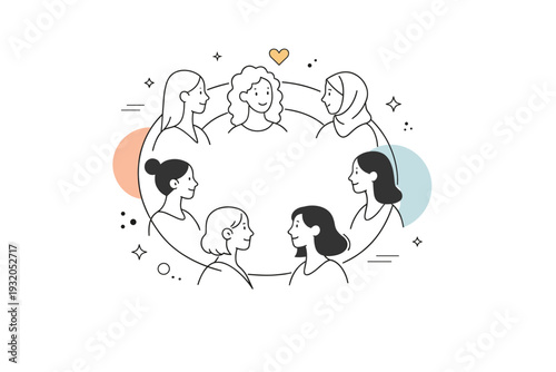 Community of women. A circle of women connected through subtle lines or shared space, symbolizing unity and mutual support. Abstract shapes add warmth and