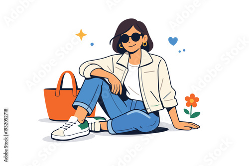Spring fashion illustrated as a confident outfit moment featuring a simple jacket and sneakers that convey casual elegance and everyday versatility. The scene