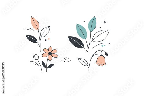 Contemporary botanical graphics. Stylized leaves and flowers arranged in a clean modern composition with lots of white space. Calm, sophisticated botanical