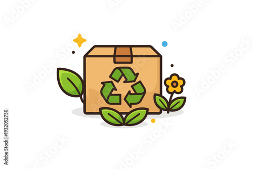 Food packaging icons focused on eco friendly materials, symbolized by a package with a recycling arrow and natural accents suggesting reduced environmental