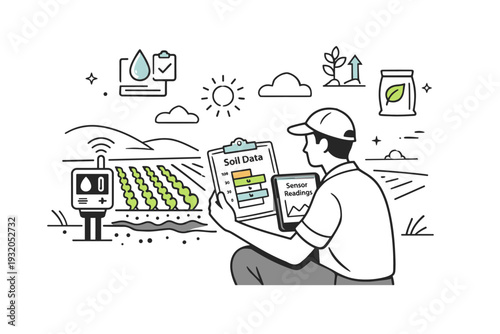 Soil data analysis. A person comparing soil charts and sensor readings next to planted fields. A focused editorial moment about precision inputs and resource