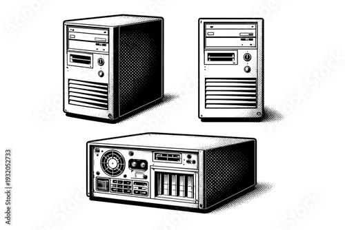 Vintage computer ? beige desktop tower with floppy disk drive and physical power switch. Black and white dot style with halftone texture and high contrast.