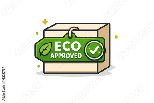 Green label branding trend centered on eco conscious product identity A compact badge style composition with a bold green tag reading Eco Approved attached to