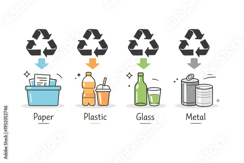 Waste sorting symbols. A calm visual scene showing recycling symbols connected to simple bins or material icons, explaining waste separation. The atmosphere is