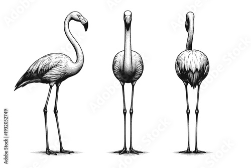 Greater flamingo standing A realistic greater flamingo standing upright shown in three views: side profile, front view, and rear view, focusing on long legs,