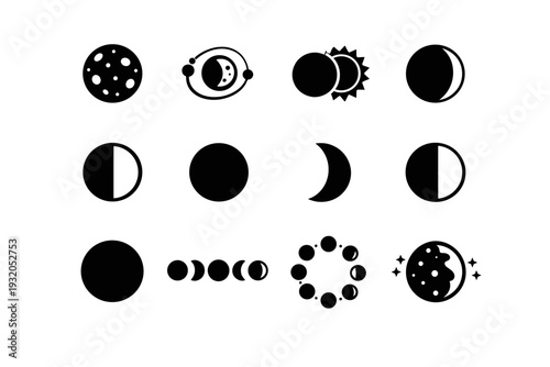 Astronomy Moon. Solid icon set of Astronomy Moon: moon surface, moon orbit, lunar eclipse, moon shadow, moon illumination, moon terminator, moon disc, moon