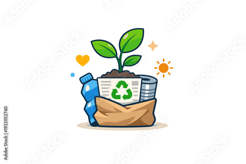 Low waste lifestyle long term impact emphasizing care for the future, shown through a small plant growing from reused materials as a hopeful visual metaphor.