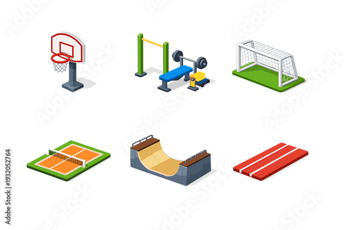 Park sports. Isometric flat vector icons set of park sports: basketball hoop, outdoor gym equipment, football goal, tennis court segment, skate ramp, running
