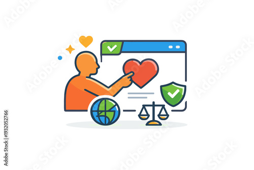 Human values in tech reflected through a balanced relationship between a human figure and a simple digital interface, expressing empathy, responsibility, and