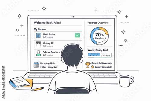 Online education dashboard. A student reviewing lessons and progress on a laptop screen, calm focused learning atmosphere. Digital cards and charts suggest