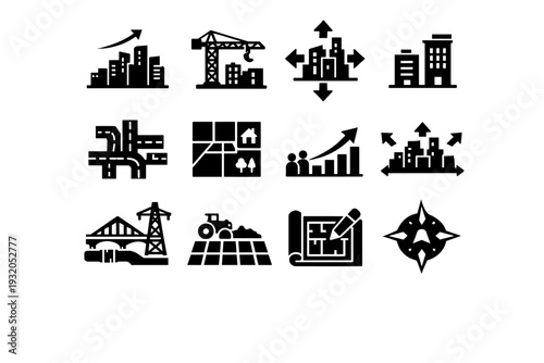 City Expansion. Solid icon set of City Expansion: growing skyline, construction crane, urban sprawl arrows, new buildings, road network expansion, zoning map,
