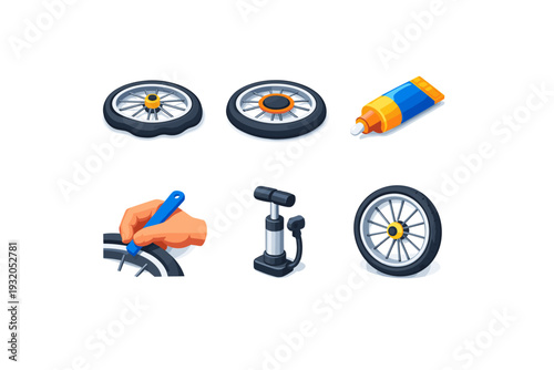 Flat tire repair. Isometric flat vector icons set of flat tire repair: punctured bicycle tire, tire patch applied, glue tube, hand using tire lever, mini bike