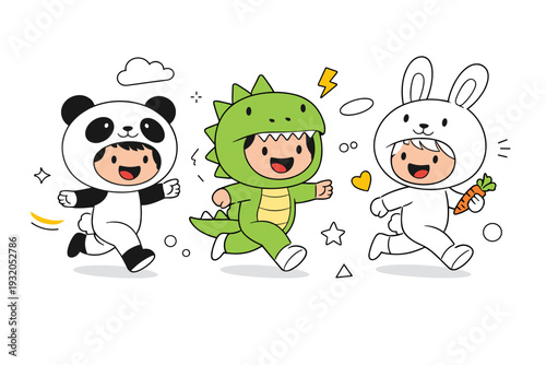 Animal Costumes Kids. Children wearing cute animal costumes, oversized heads and simple smiles, playful running motion. Warm, friendly mood focused on fun and