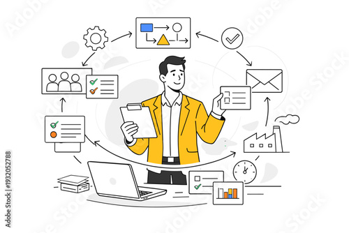 Business Operations. A confident manager organizing floating workflow charts and task cards, arrows connecting departments in a smooth process loop. Laptop
