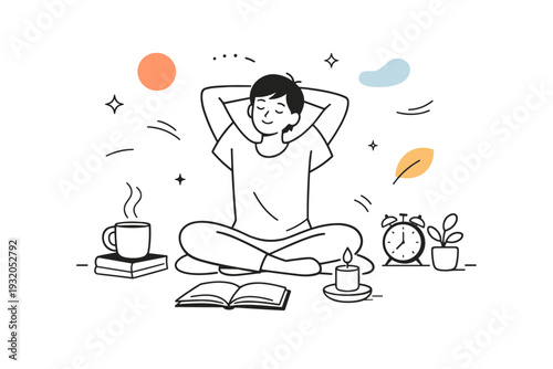 Morning self-care routine. A calm editorial scene with a person starting the day slowly, stretching or enjoying a quiet moment, expressing balance