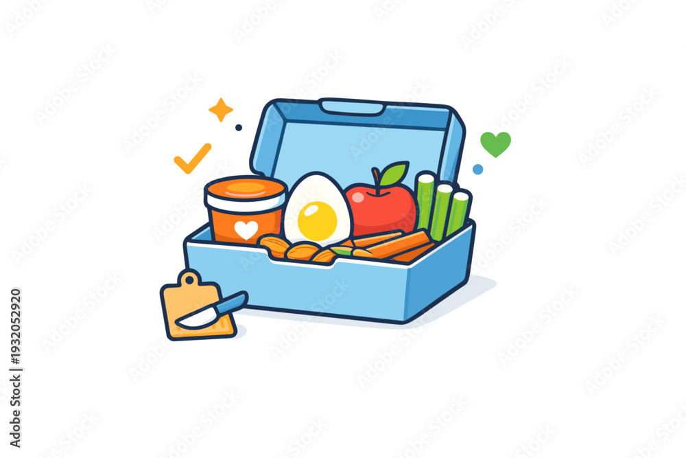 Naklejka premium Healthy snack icons showing a simple snack box with wholesome elements inside, symbolizing preparation, conscious choices and everyday healthy routines.
