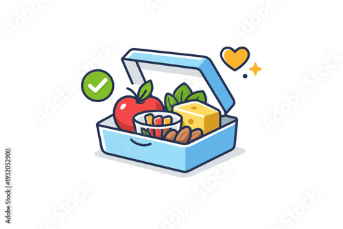 Healthy snack icons showing a simple snack box with wholesome elements inside, symbolizing preparation, conscious choices and everyday healthy routines.