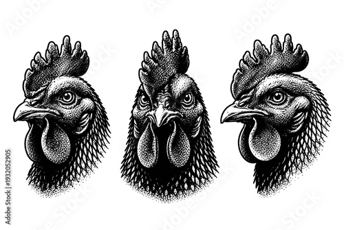 Domestic Chicken head detailed chicken head with comb, wattles, and beak represented as a standalone object. Black and white dot style with halftone texture