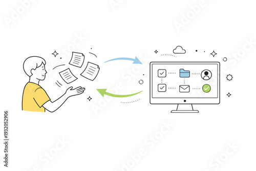 Letting go of manual processes. A person gently releases paper documents as a clean digital workflow takes over on a screen. Calm sense of transition with