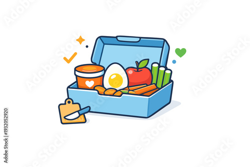 Healthy snack icons showing a simple snack box with wholesome elements inside, symbolizing preparation, conscious choices and everyday healthy routines.