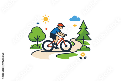 Riding a bike on a forest path capturing calm motion and connection with nature. A compact scene with a cyclist moving along a winding trail between simplified