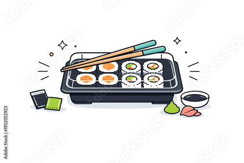 Sushi takeaway set. A simple scene showing a compact sushi box with rolls inside and chopsticks placed on top. Modern lifestyle, convenience, and clean food