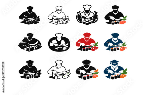 A chef preparing sushi rolls with fresh fish and vegetables. Icon set. Set Logo of A chef preparing sushi rolls with fresh fish and vegetables: sushi knife and