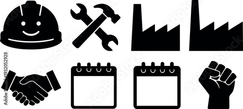 Flat design vector close up industrial safety icons smiling hard hat crossed wrench hammer factory skyline handshake calendar raised fist