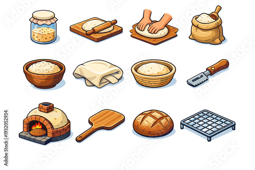 Traditional bread making. Colorful isometric vector icons set of Traditional bread making: sourdough starter jar, wooden kneading board, hand kneading dough,