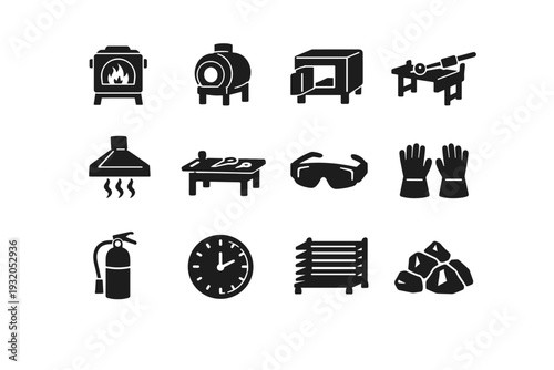 Glass Studio. Solid icon set of Glass Studio: hot shop furnace, glory hole, annealing kiln, glassblowing bench, ventilation hood, tool table, safety goggles,