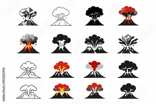 Volcanic eruption. Icon set. Set Logo of Volcanic eruption: explosive ash plume. harmonious logo variations of the same emblematic concept, each with different